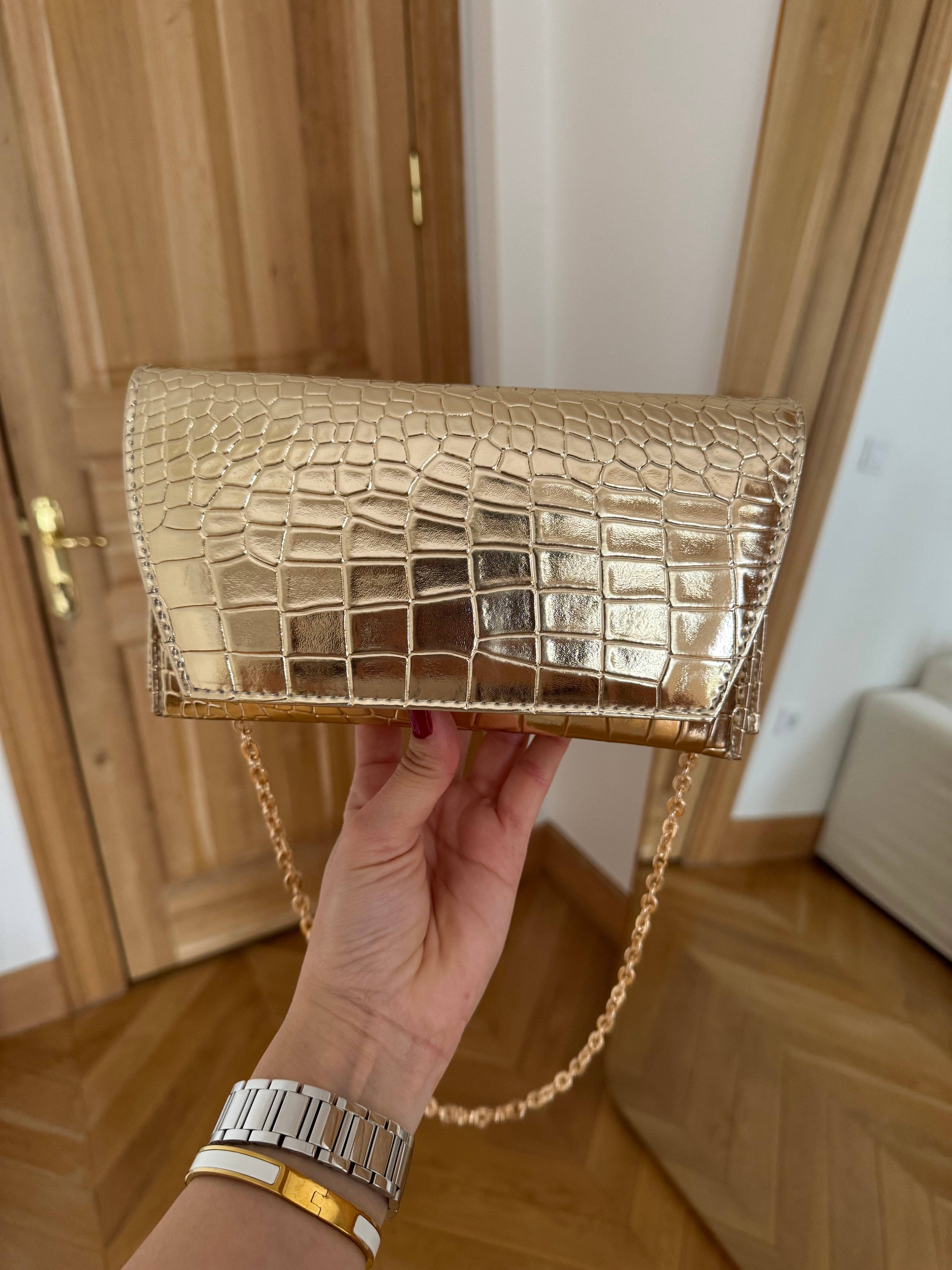 Zincir Askılı Portföy Kroko Çanta Gold