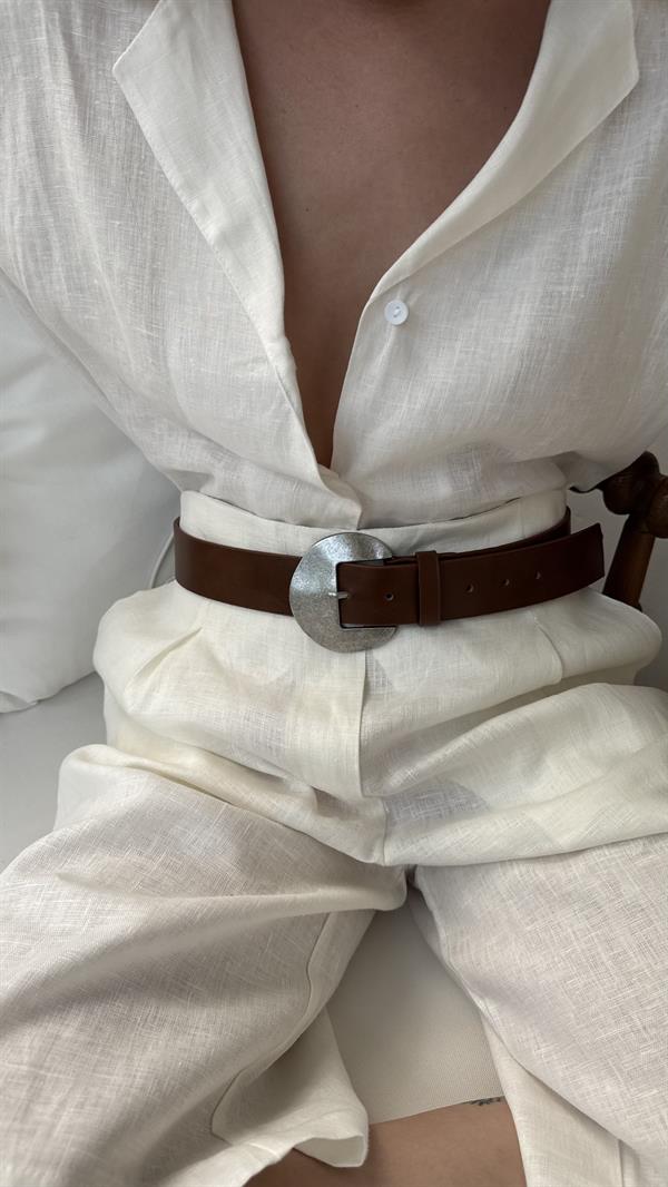 Antik Asimetrik Tokalı Kemer 4cm Taba