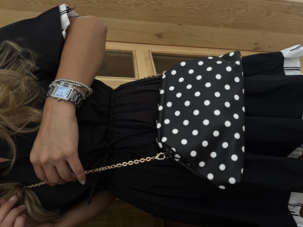 Burslu Clutch Mini Çanta Beyaz Puantiyeli Siyah