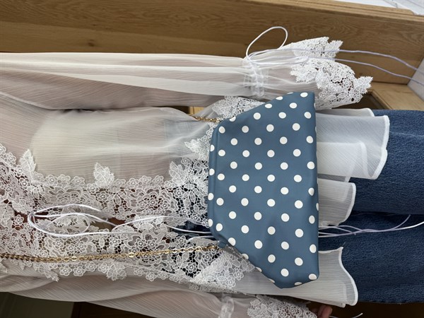 Burslu Clutch Mini Çanta Beyaz Puantiyeli Mavi