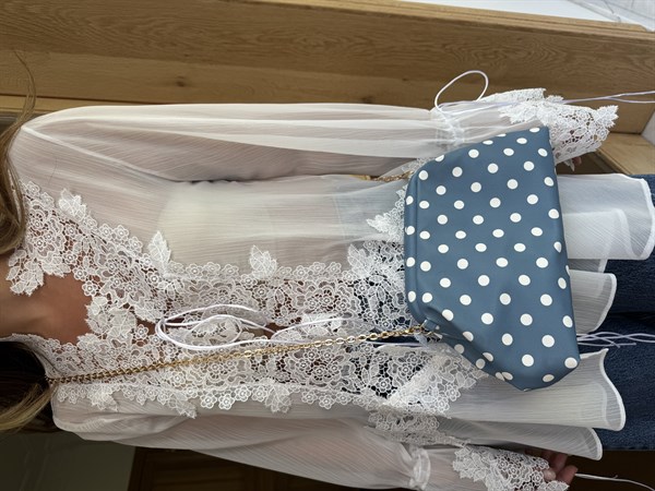 Burslu Clutch Mini Çanta Beyaz Puantiyeli Mavi