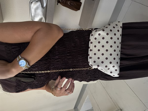 Burslu Clutch Mini Çanta Kahve Puantiyeli Krem