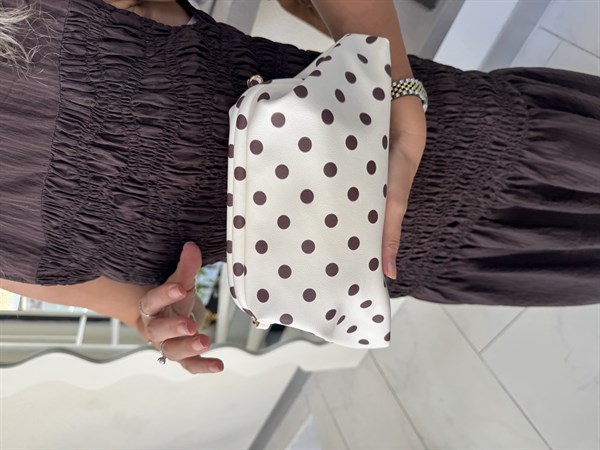Burslu Clutch Mini Çanta Kahve Puantiyeli Krem