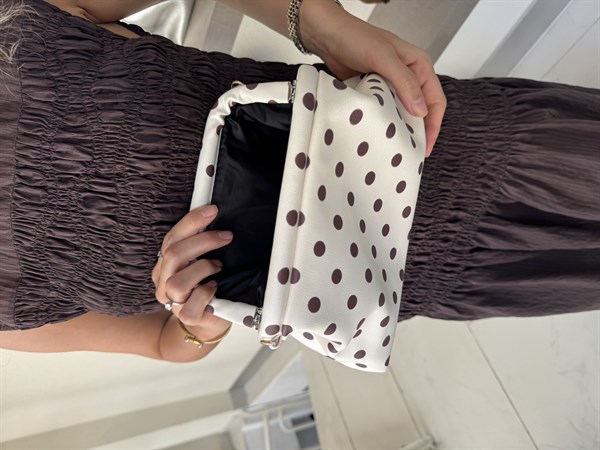 Burslu Clutch Mini Çanta Kahve Puantiyeli Krem