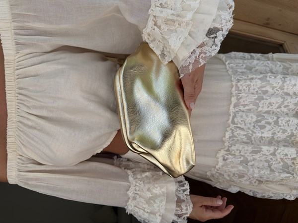 Burslu Clutch Mini Çanta Metalize Deri Gold