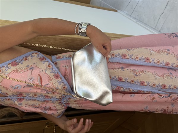 Burslu Clutch Mini Çanta Metalize Deri Silver