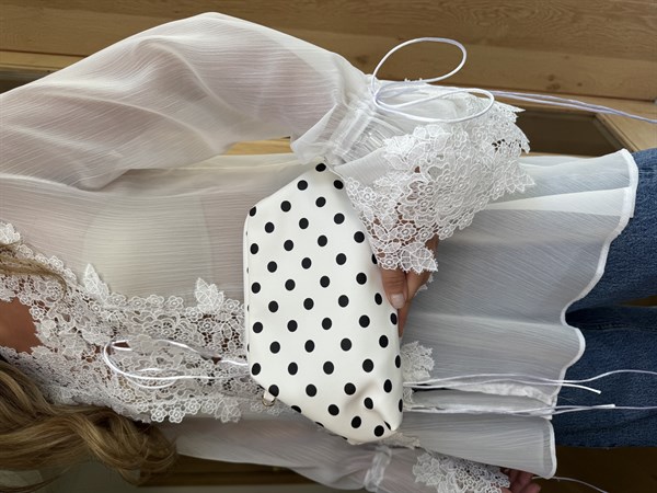 Burslu Clutch Mini Çanta Siyah Puantiyeli Beyaz