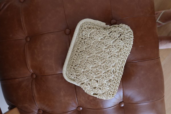 Dokuma Hasır Mini Clutch El ve Omuz Çantası Krem