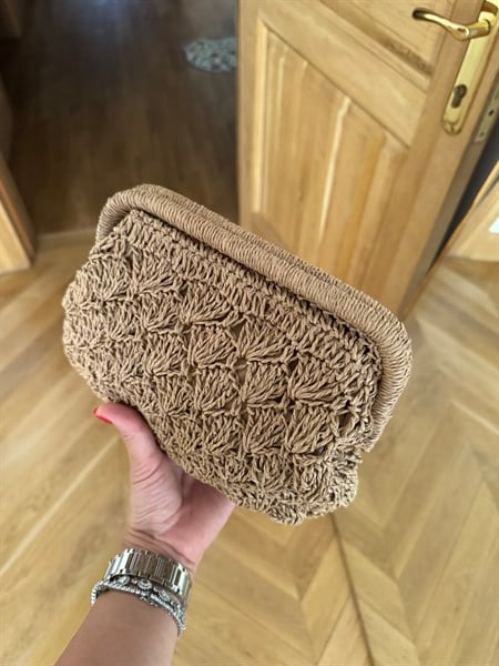 Dokuma Hasır Mini Clutch El ve Omuz Çantası Camel