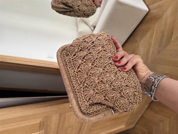 Dokuma Hasır Mini Clutch El ve Omuz Çantası Camel