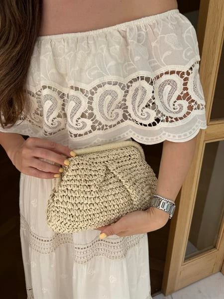 Hasır Clutch Çanta Bej