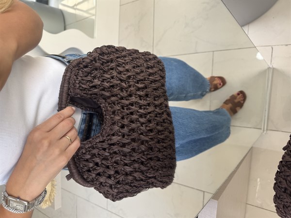Kare Saplı Hasır Clutch Çanta Acı Kahve