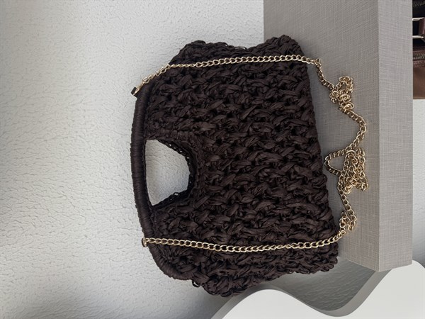 Kare Saplı Hasır Clutch Çanta Acı Kahve