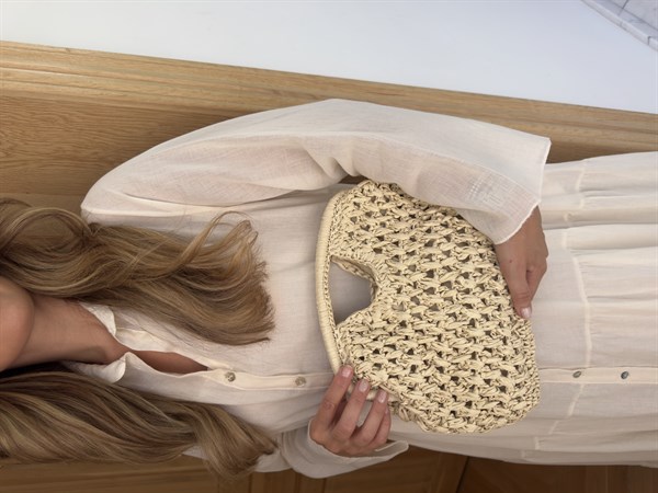 Kare Saplı Hasır Clutch Çanta Bej