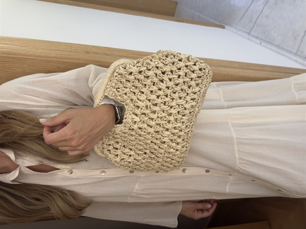 Kare Saplı Hasır Clutch Çanta Bej