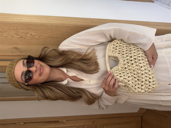 Kare Saplı Hasır Clutch Çanta Bej