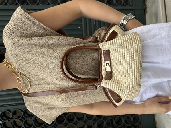 Kemer Detaylı Mini Hasır Çanta Taba