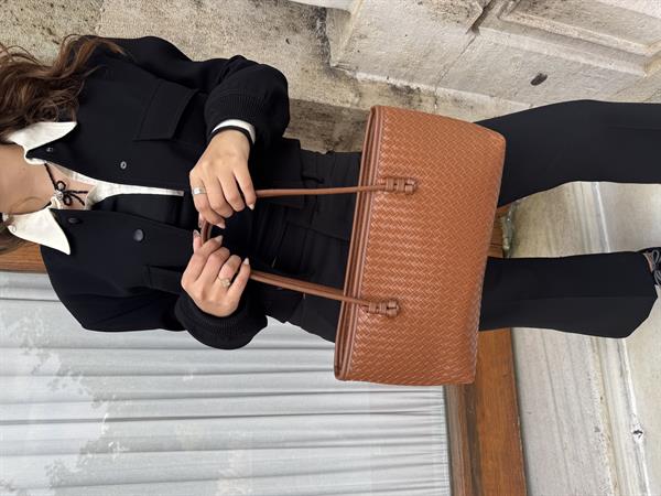 Örgü Dokulu Fermuarlı Tote El ve Omuz Çantası Taba