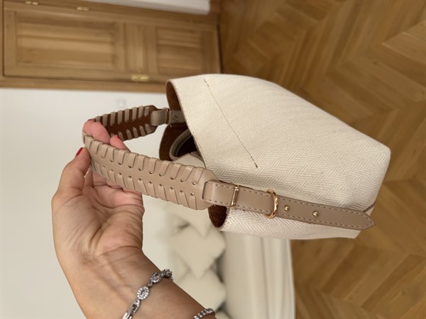 Örme Deri Saplı Keten El ve Omuz Çantası Vizon