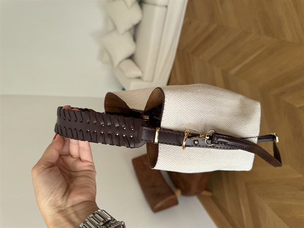 Örme Deri Saplı Keten El ve Omuz Çantası Acı Kahve
