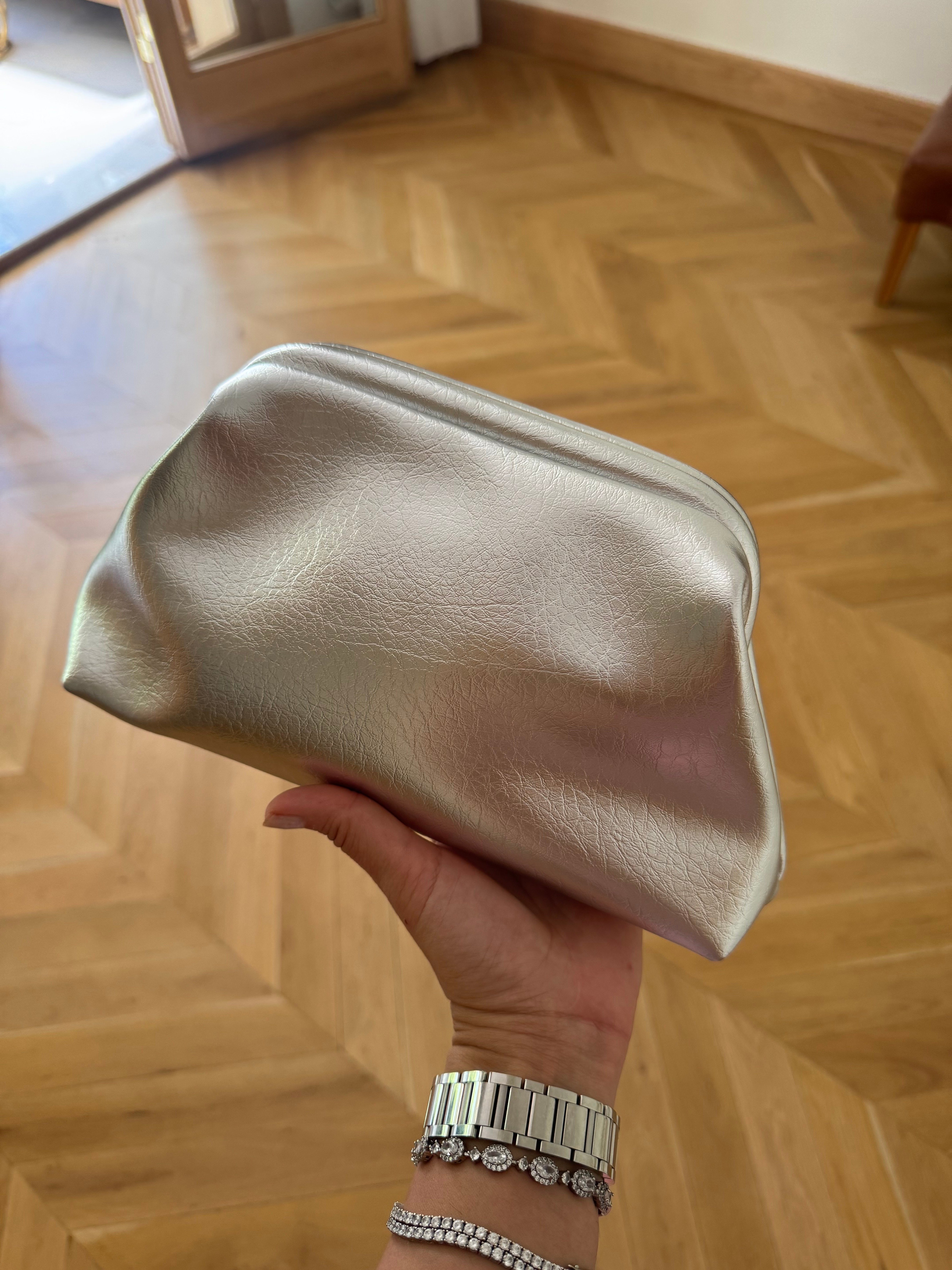 Burslu Clutch Mini Çanta Metalize Deri Silver