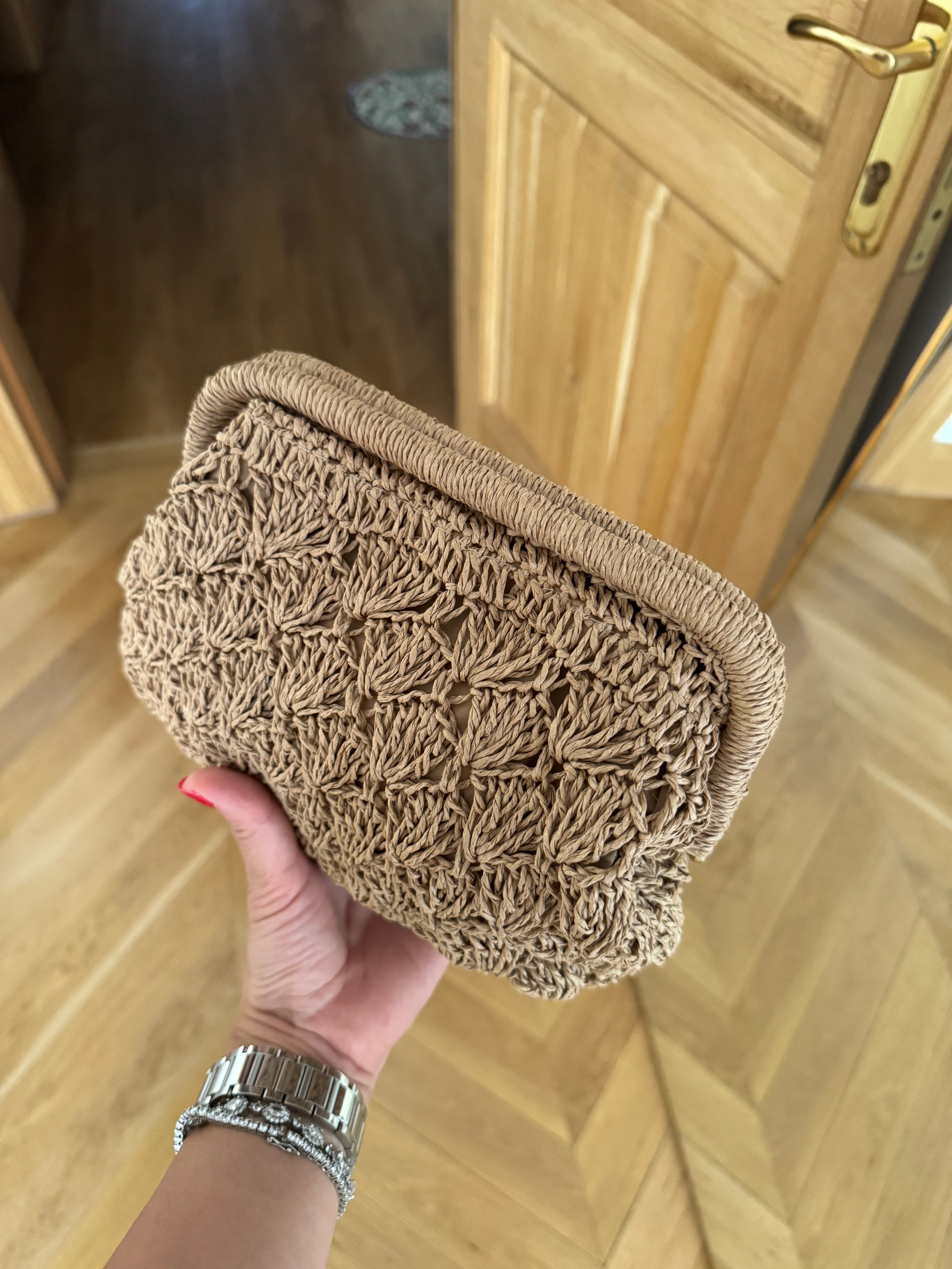 Dokuma Hasır Mini Clutch El ve Omuz Çantası Camel