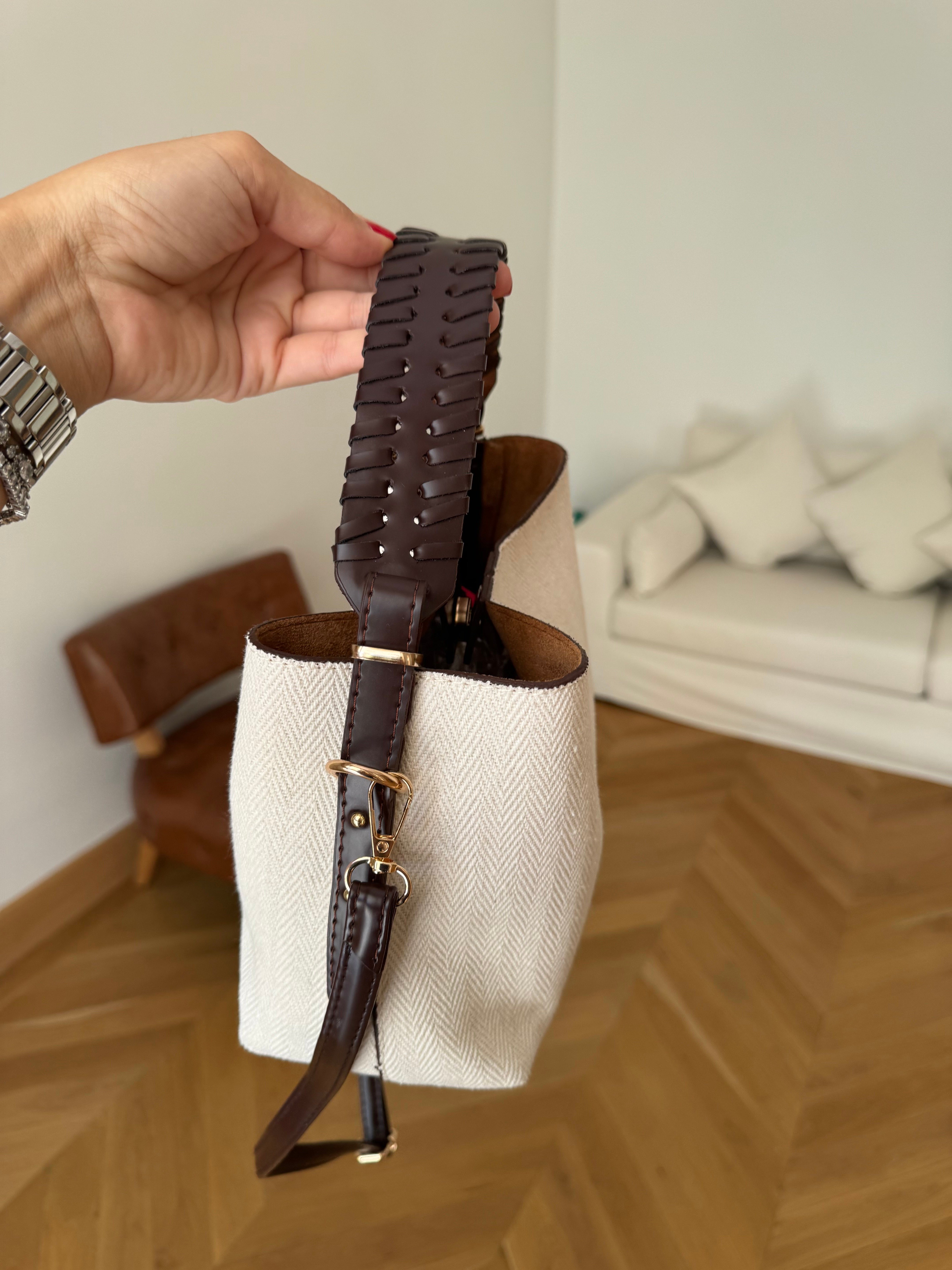 Örme Deri Saplı Keten El ve Omuz Çantası Acı Kahve