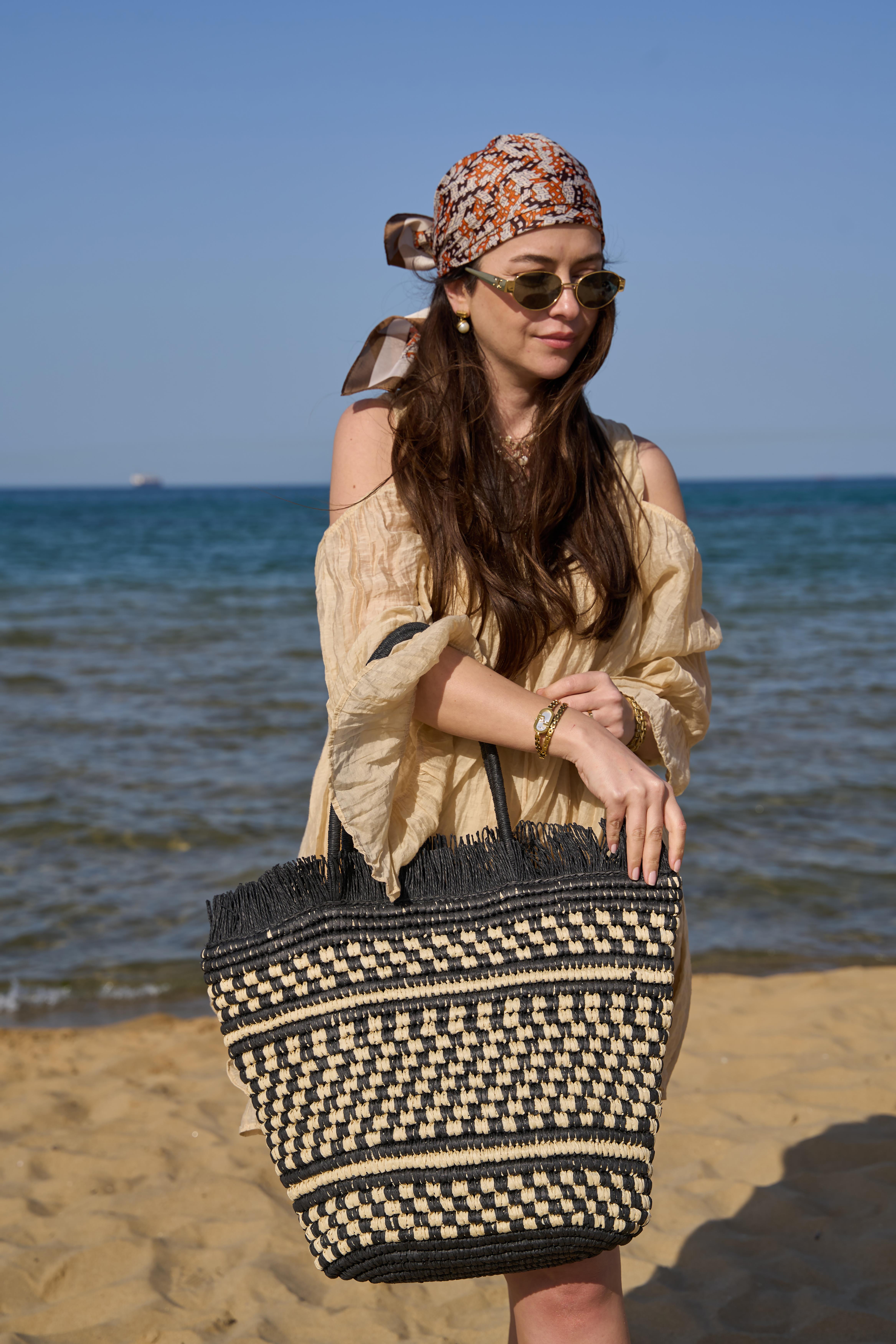 Oversize Dama Desenli Hasır Çanta Siyah