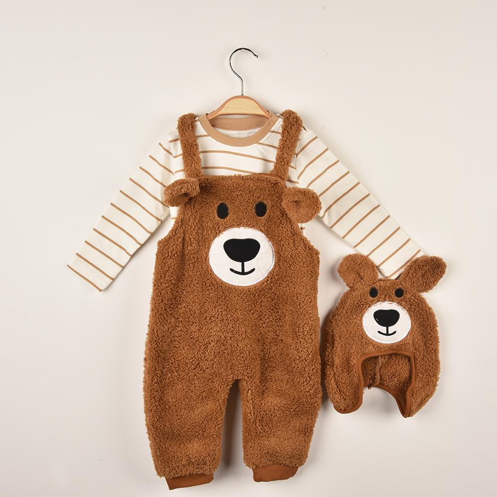 Bebek Ayı Baskılı Welsoft Salopet Şapka Üçlü Takım