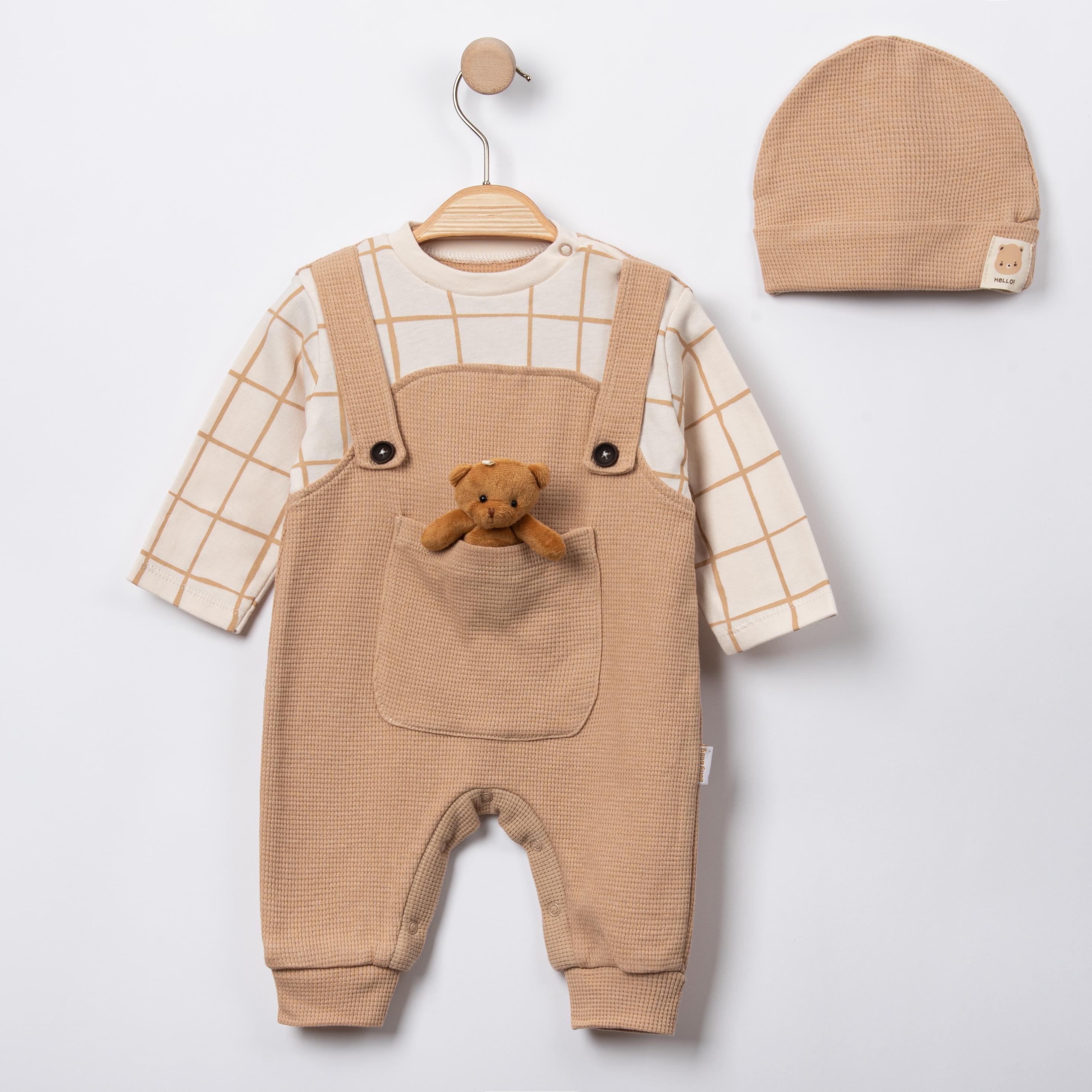 Bebek Ayıcık Aksesuarlı Şapkalı Waffle Tulum