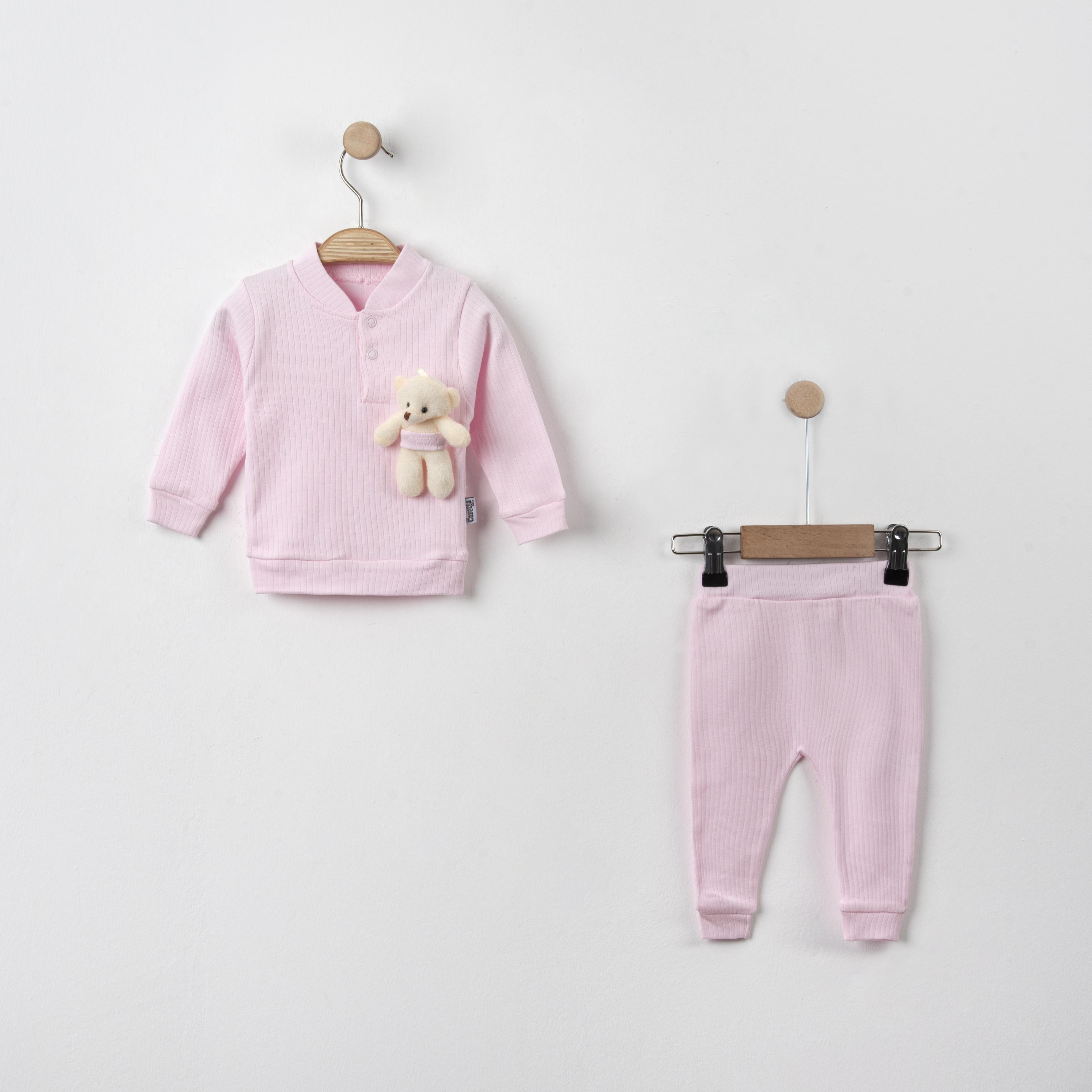 Bebek Ayıcık Maskotlu Düğmeli Yaka Detaylı İkili Takım