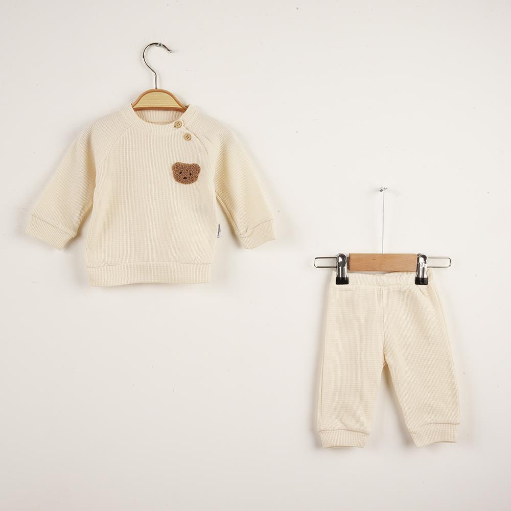 Bebek Ayıcık Nakışlı Yakası Düğme Detaylı İkili Takım