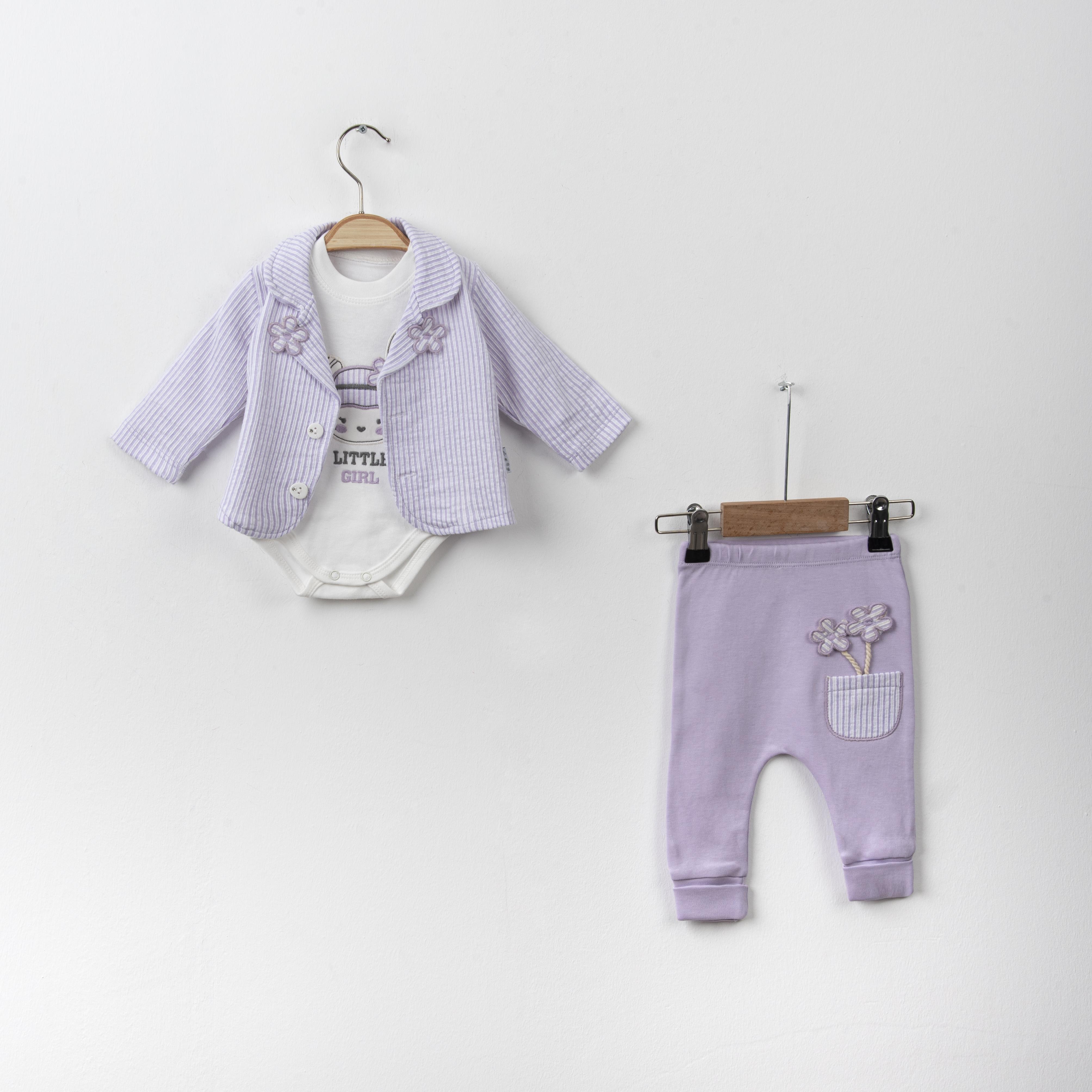 Bebek Çiçek Nakışlı Ceket Alt Üçlü Takım