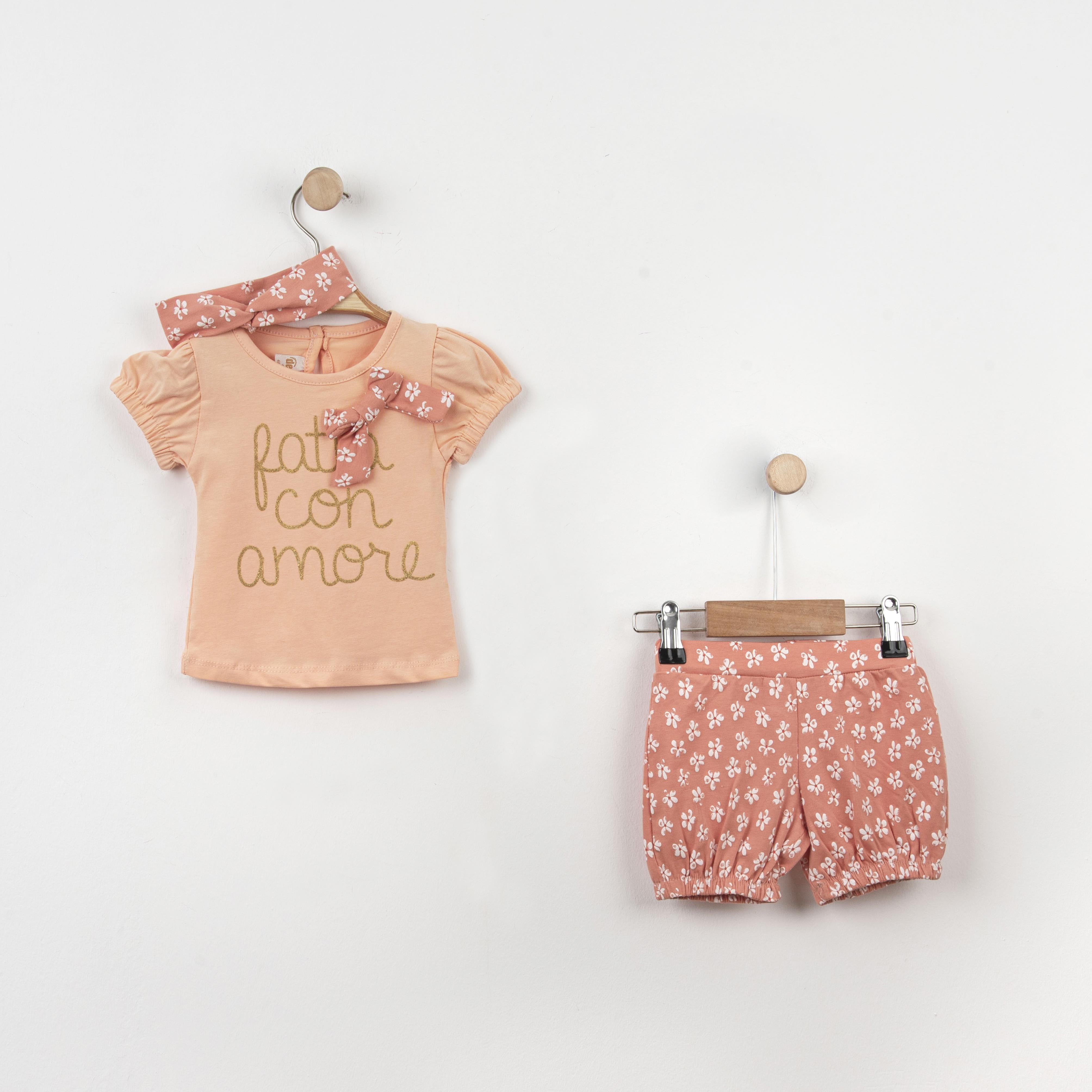 Bebek Çiçekli Kurdela Ve Bandanalı Şortlu Takım