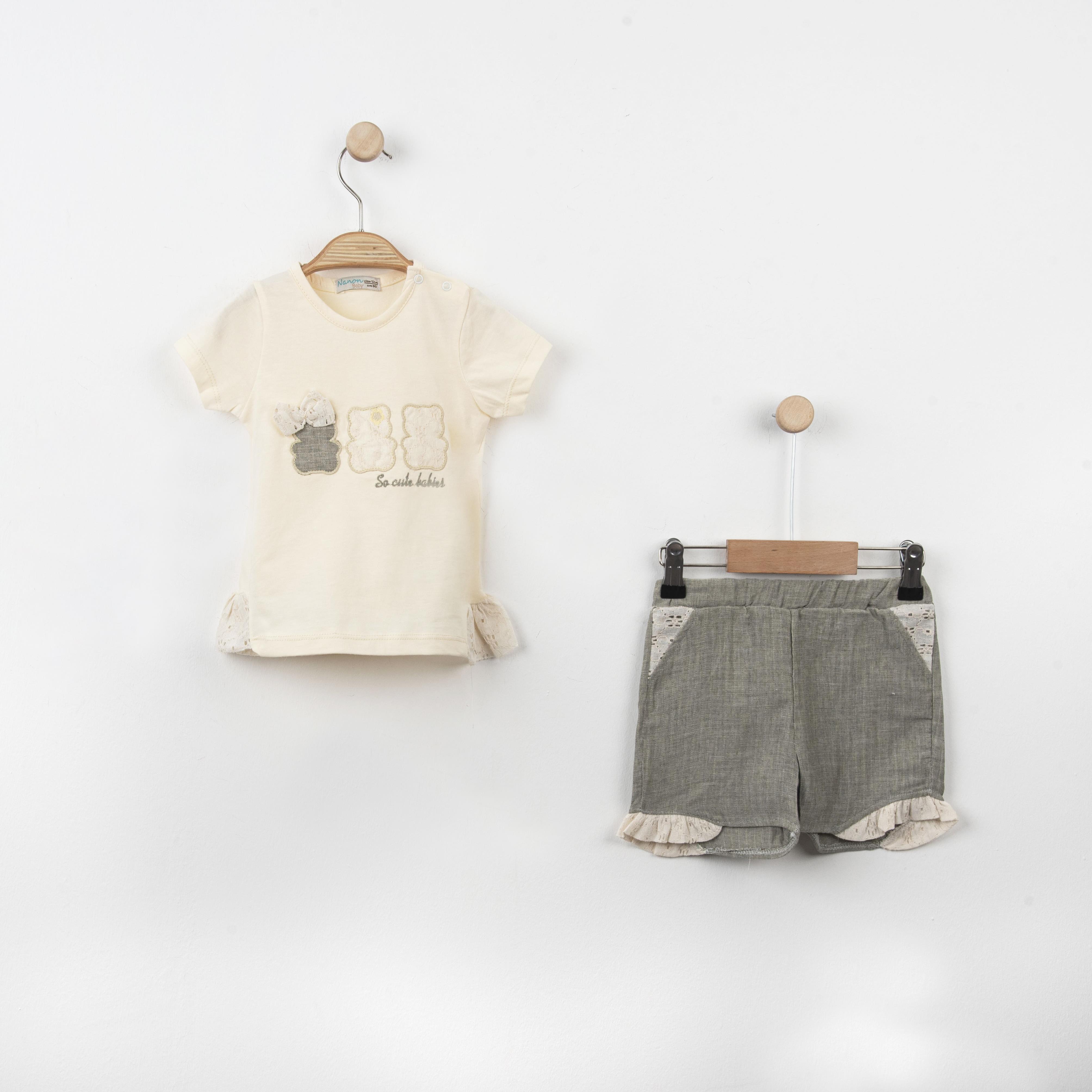 Bebek Dantel Güpür Detaylı Tshirt Şort İkili Takım