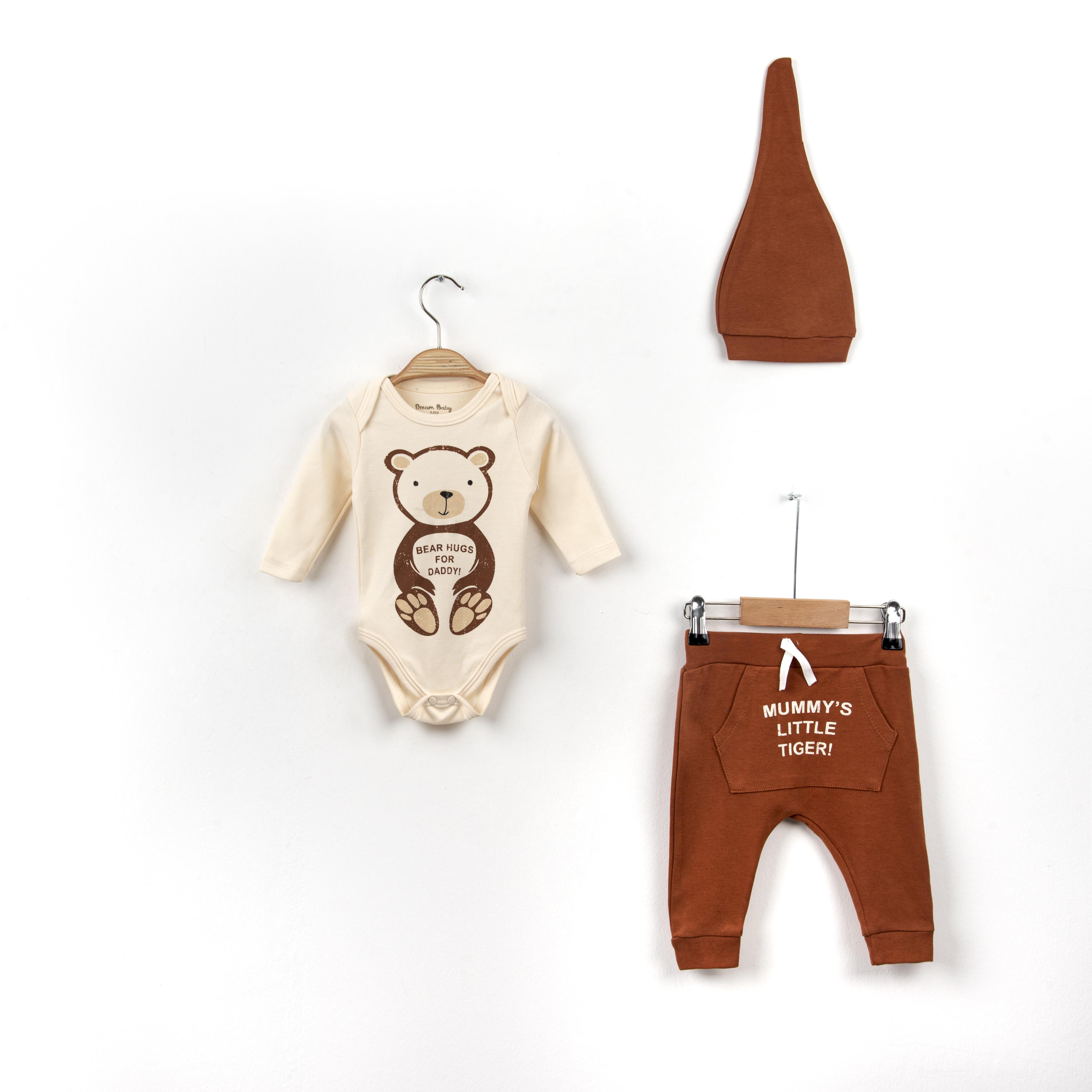Bebek Oturan Ayıcık Figürlü Şapkalı Üçlü Takım