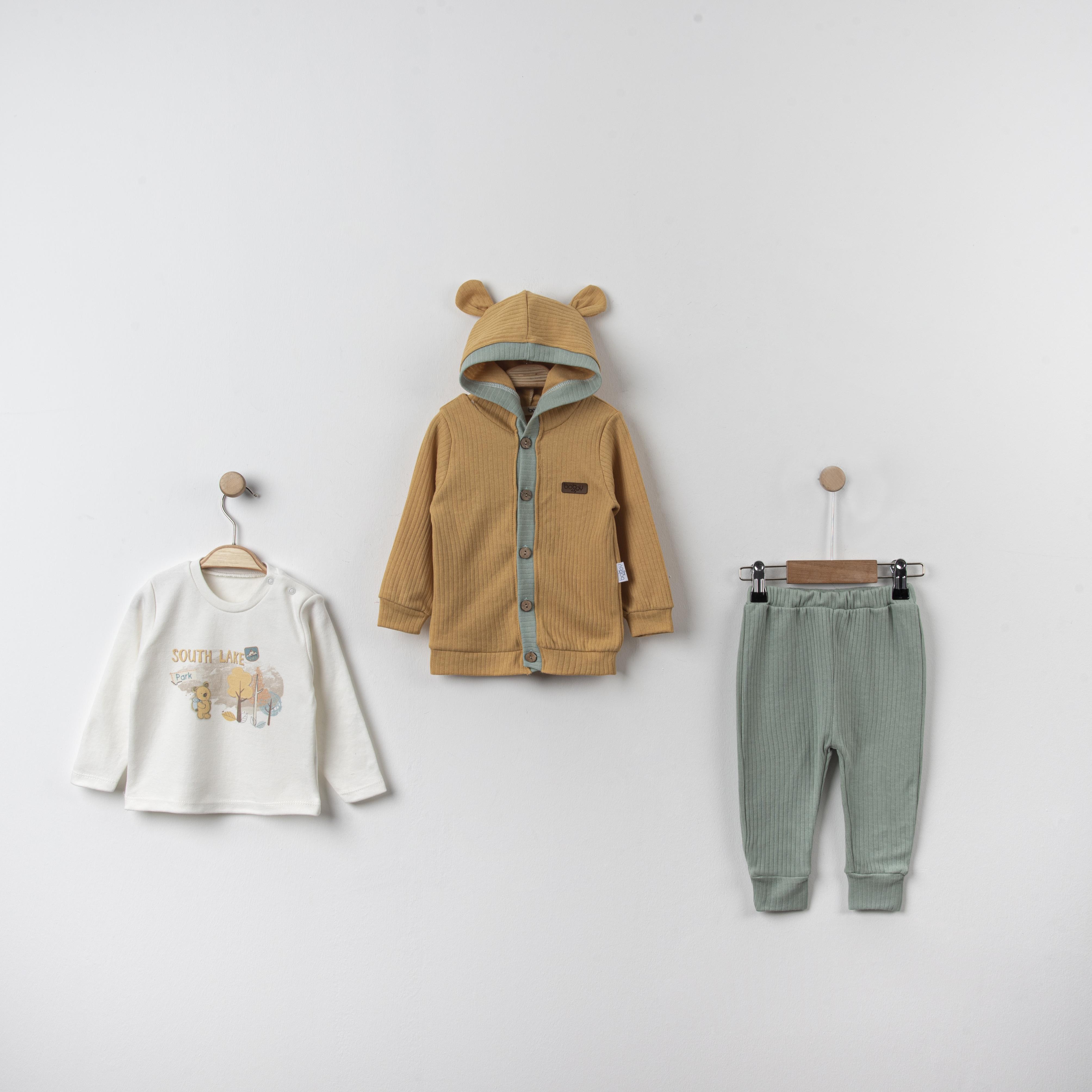 Bebek Parka Giden Ayı Temalı Kulaklı Kapüşon Hırkalı Üçlü Takım