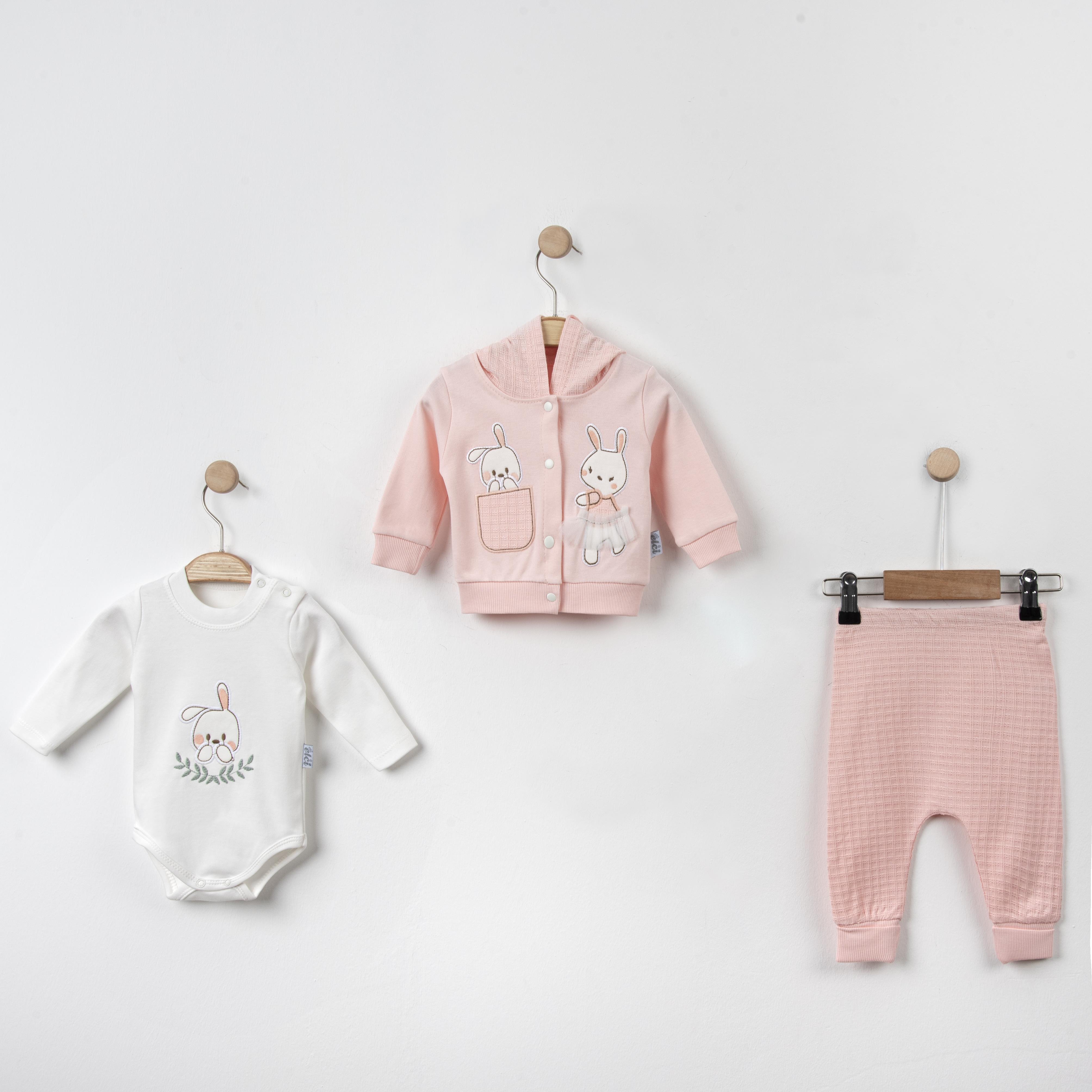 Bebek Tavşan Figürlü Kapüşonlu Hırkalı Üçlü Takım