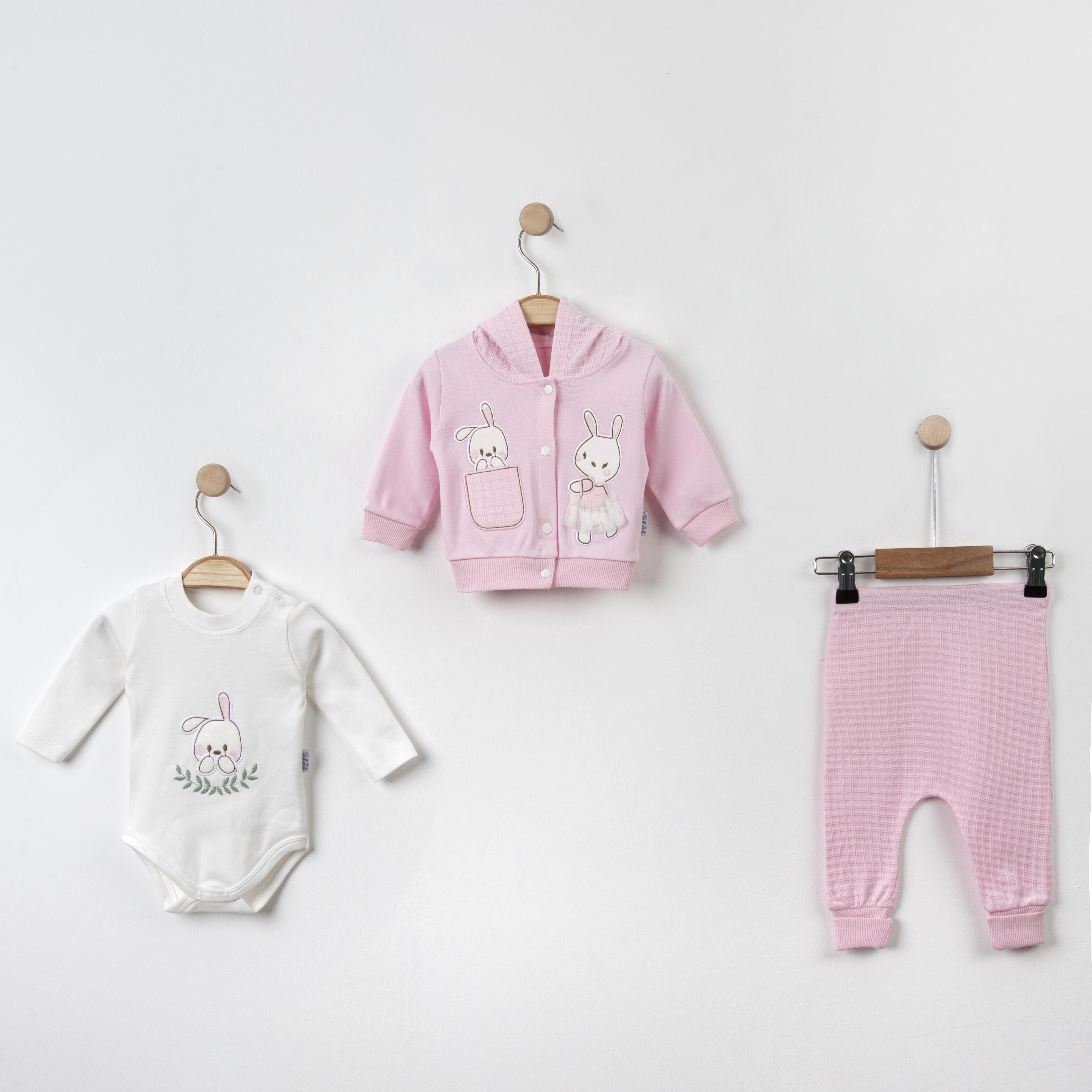 Bebek Tavşan Figürlü Kapüşonlu Hırkalı Üçlü Takım