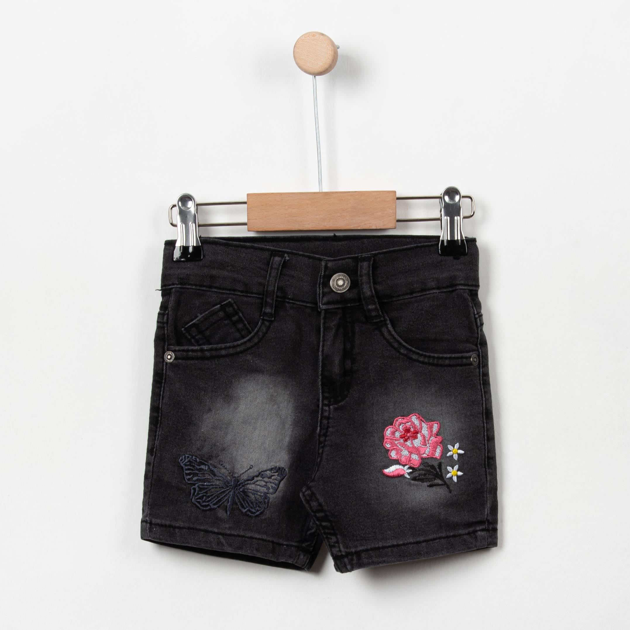 Çiçek Nakış Detaylı Kız Çocuk Kot Şort