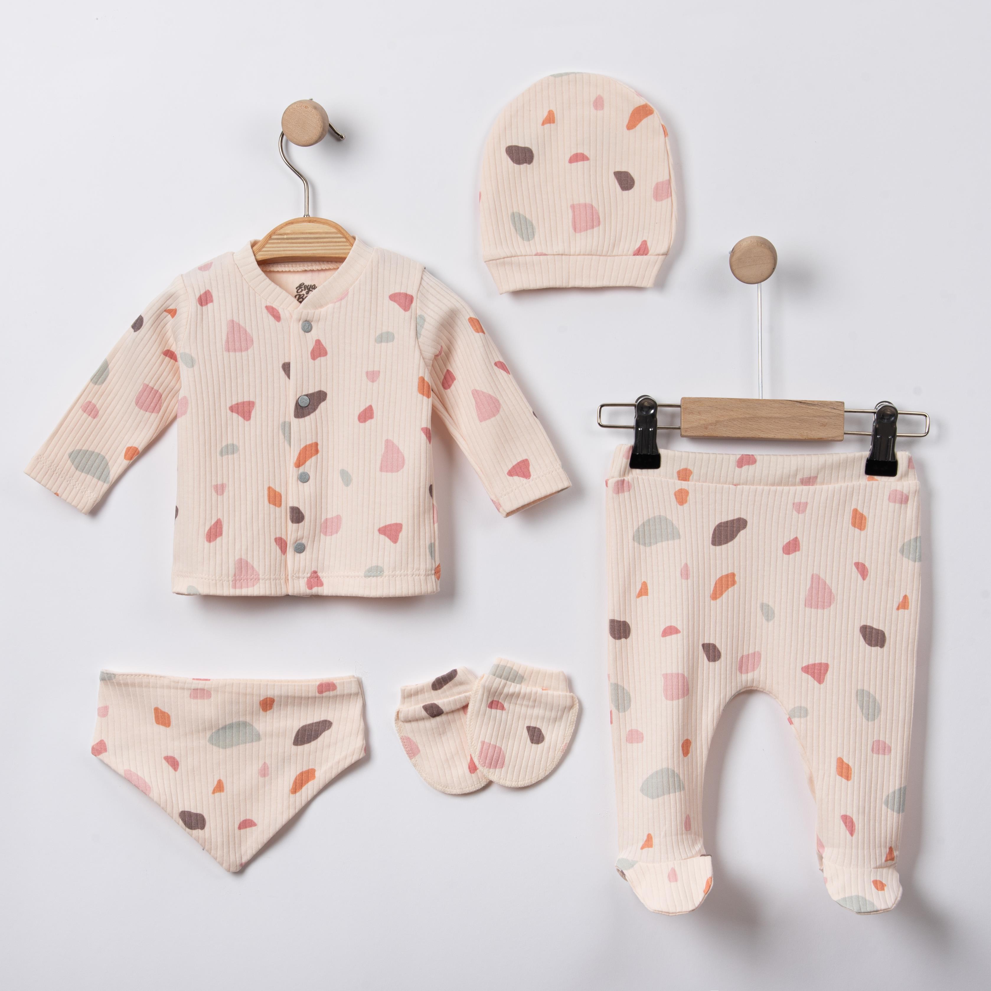 Taş Desenli Raporlu Kumaş Beşli Hastane Çıkış Seti