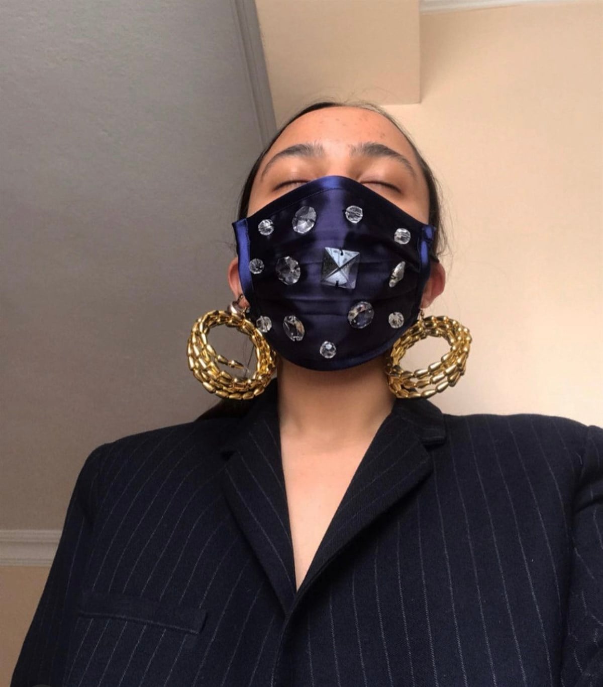 LACİVERT SATEN - ŞEFFAF  TAŞ İŞLEME MASKE