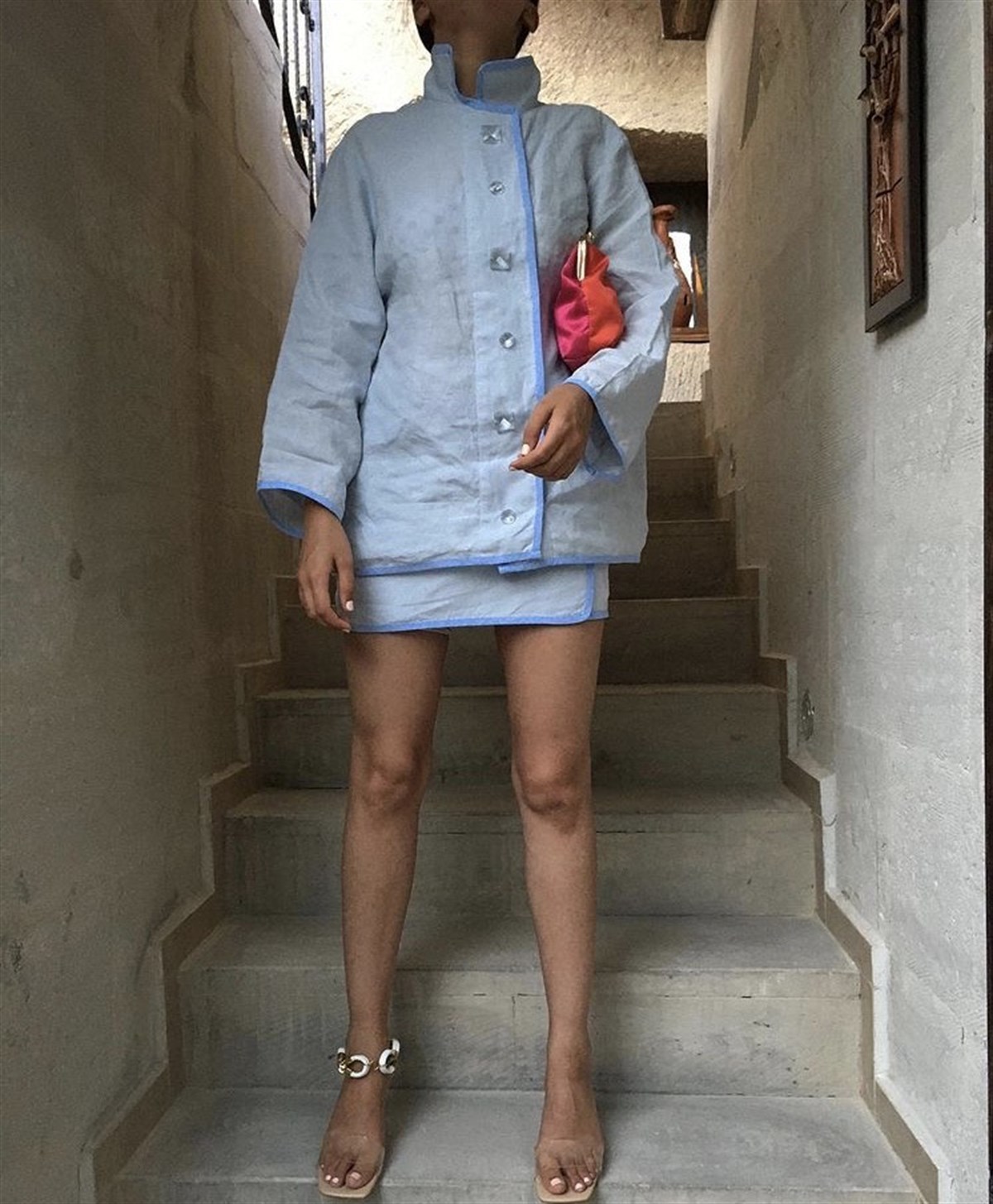 MAVİ KETEN MİNİ ETEK