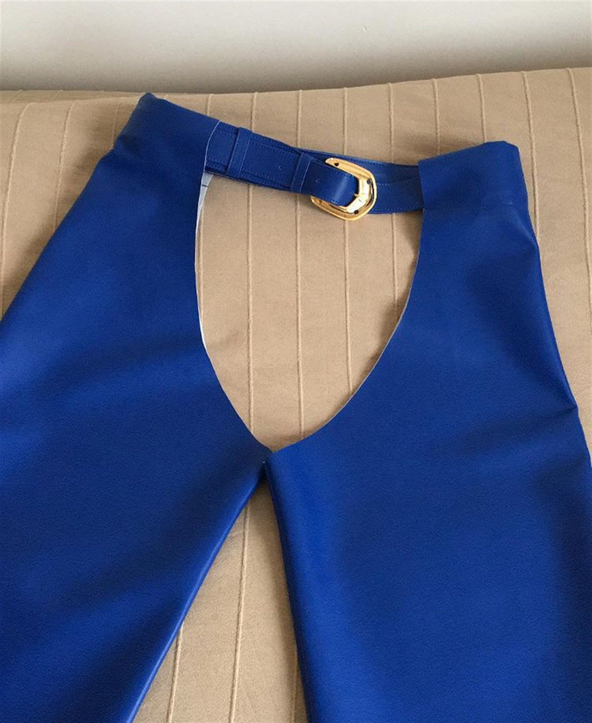 MAVİ VEGAN DERİ CHAPS PANTOLON