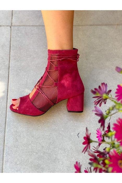 SMİLE BORDO FİLELİ BAGCIKLI 5 CM TOPUKLU YAZLIK BOT