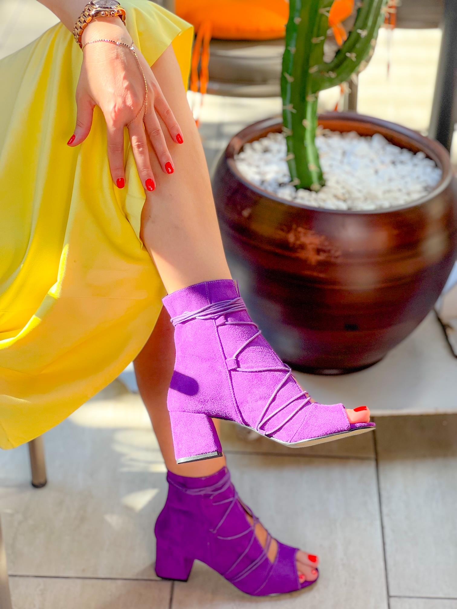 Smile Mor Süet Bagcikli 5 cm Topuklu Yazlik Bot