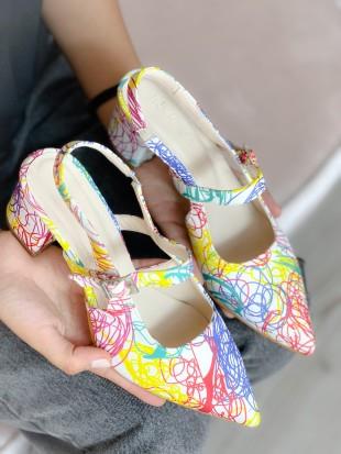 CLORY BEYAZ COK RENKLİ TOPUKLU SANDALET