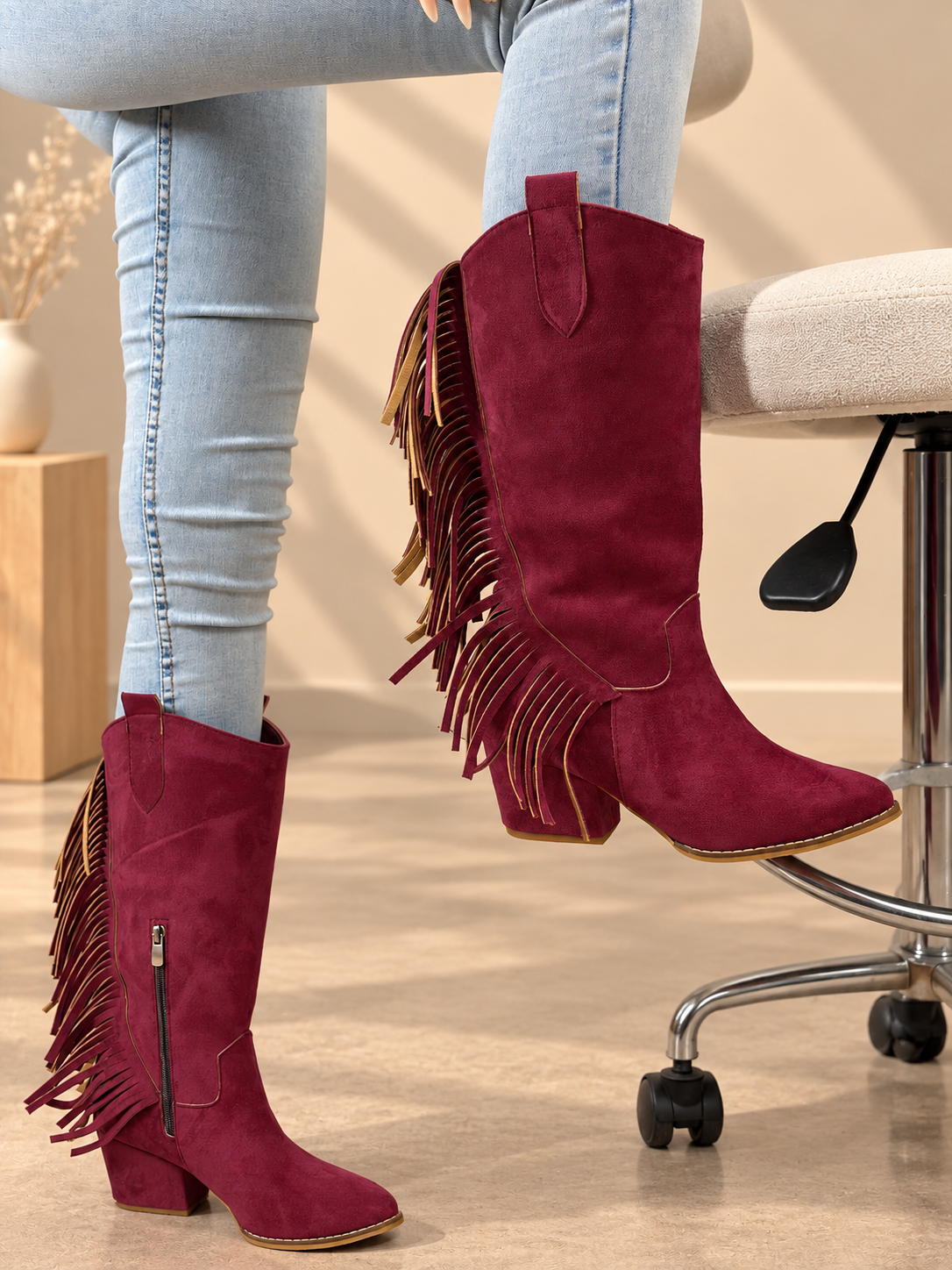 ARİZONA BORDO SUNİ DANA SÜET PÜSKÜLLÜ 6 CM TOPUKLU DALLAS BOT 