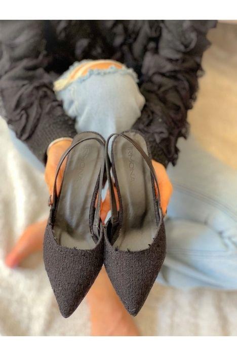 BERİR KOMPLE SİYAH TRUF KUMAS BANTLI TOPUKLU SANDALET