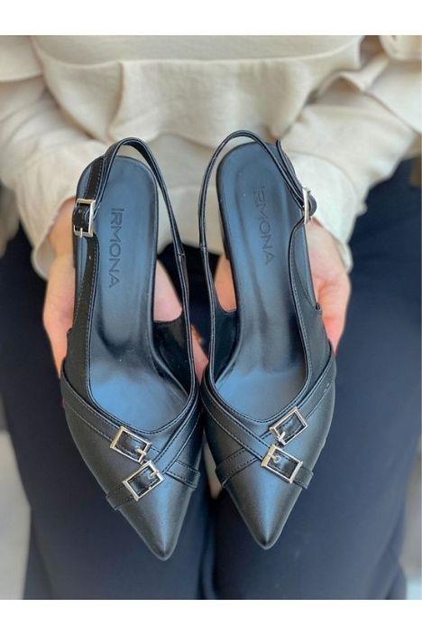 KENDI SİYAH DERİ TOKALI SIVRI BURUN TOPUKLU SANDALET